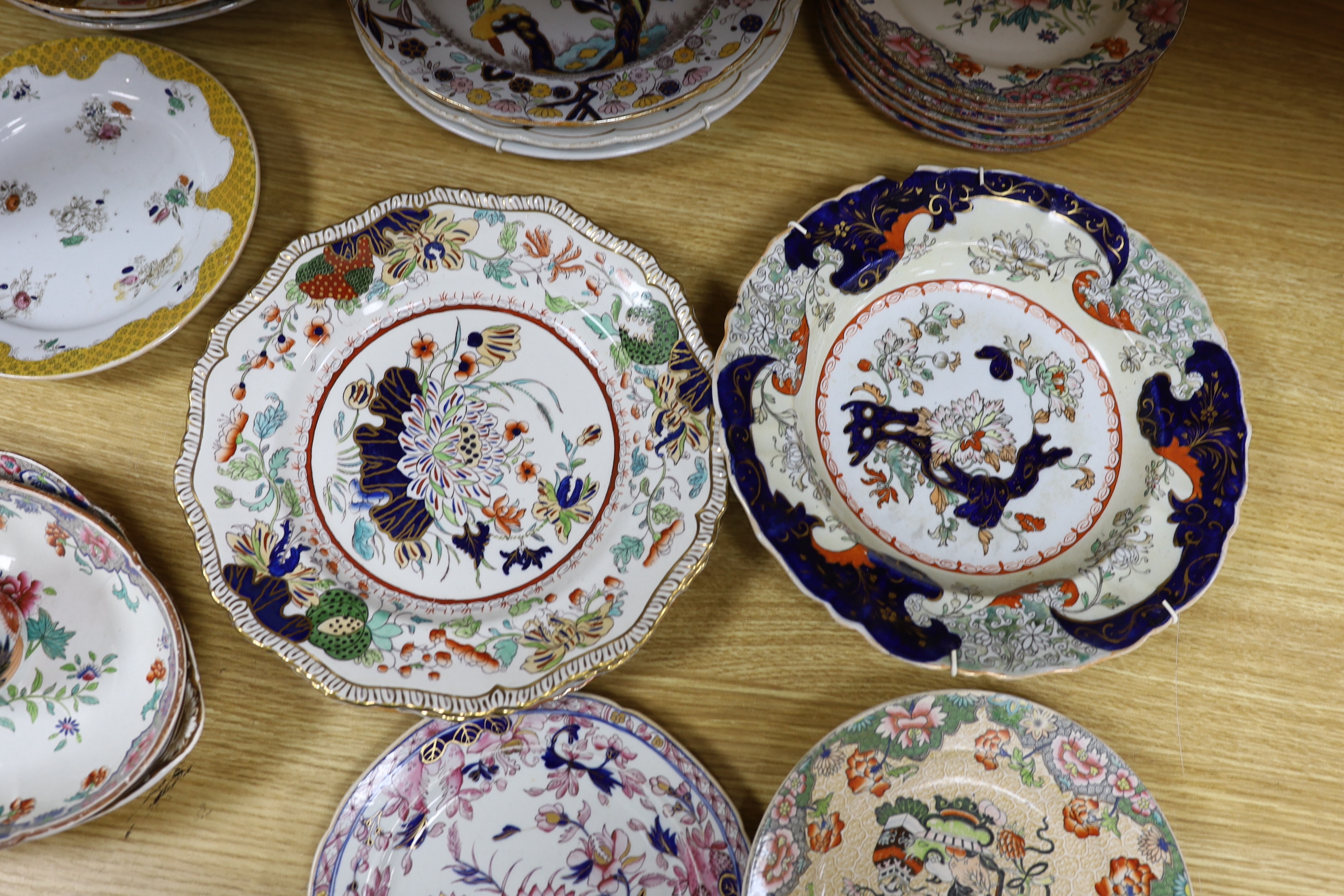 Twenty three mixed Spode, Masons and Ashworth Ironstone dishes, plates and a coffee can
